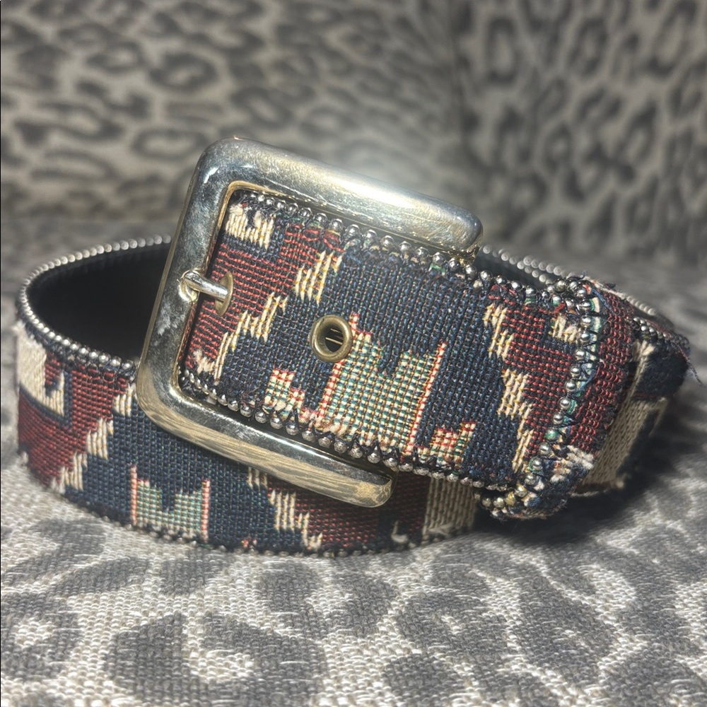 Vintage tapestry Patterned Fabric Belt with Silver Buckle unique bold statement